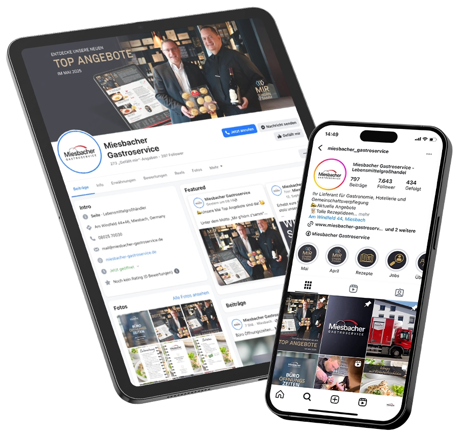 Tablet und Smartphone Mockup, welches Miesbacher Gastroservice auf Instagram und Facebook zeigt